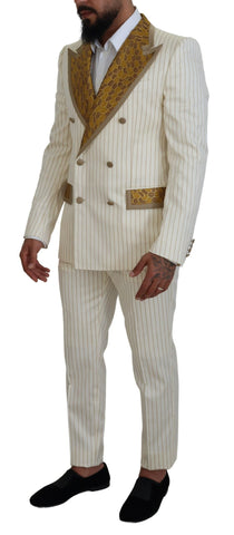 Dolce & Gabbana Off White gold striped slim fit tuxedo suit, tailored with a classic lapel and modern fit, shown on a mannequin.