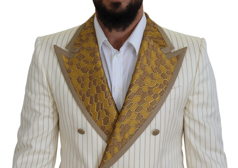 Dolce & Gabbana Off White Gold Striped Tuxedo Slim Fit Suit, tailored formal men's tuxedo with gold stripe details.