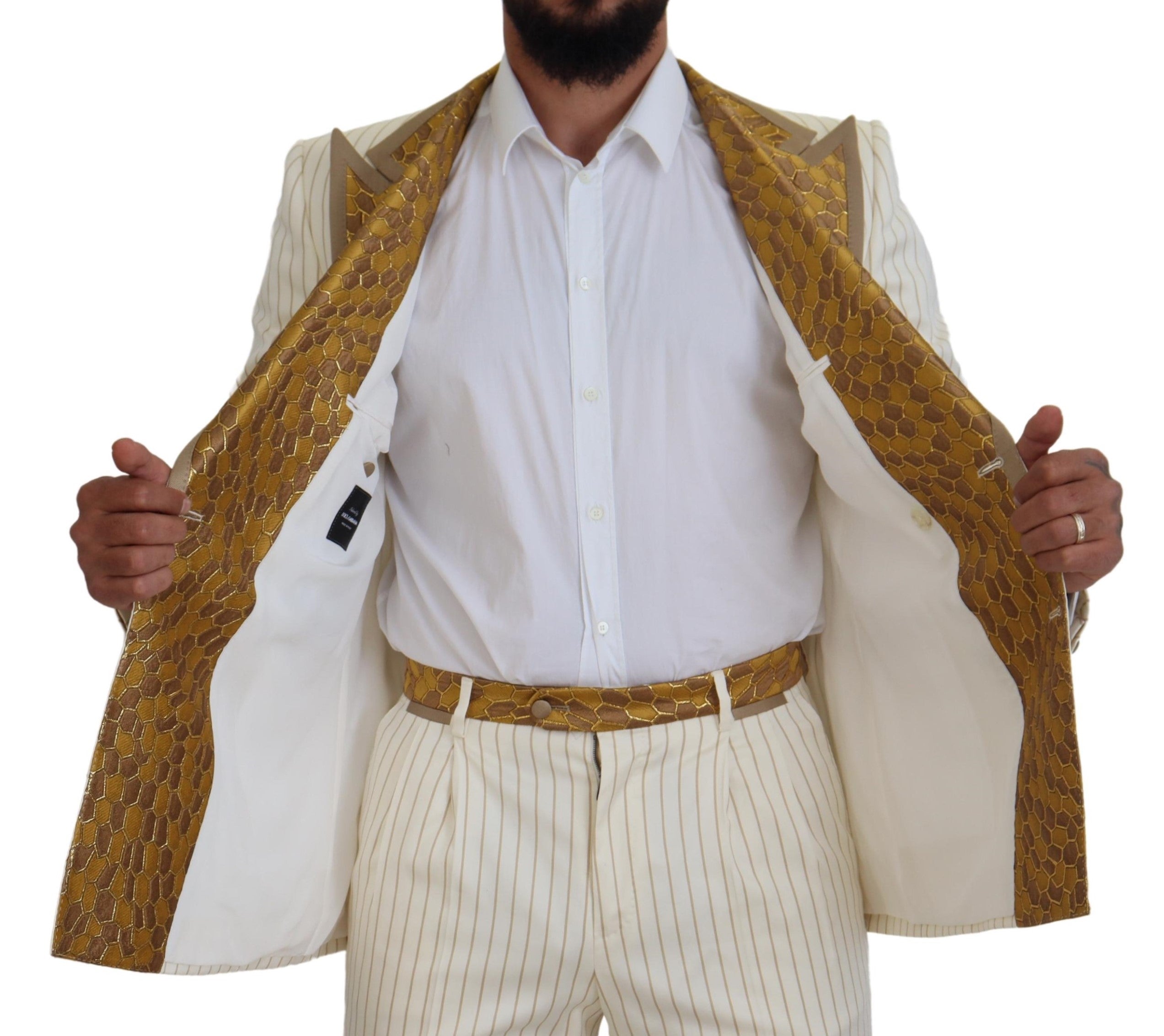 Dolce & Gabbana Off White Gold Striped Tuxedo Slim Fit Suit, tailored formal men's tuxedo with gold striped pattern.