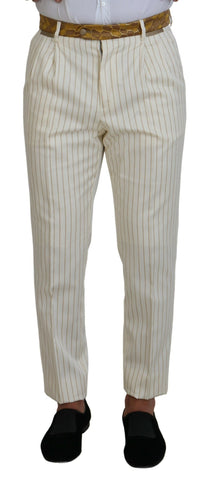 Dolce & Gabbana Off White Gold Striped Tuxedo Slim Fit Suit, tailored formal men's tuxedo with gold striped pattern.