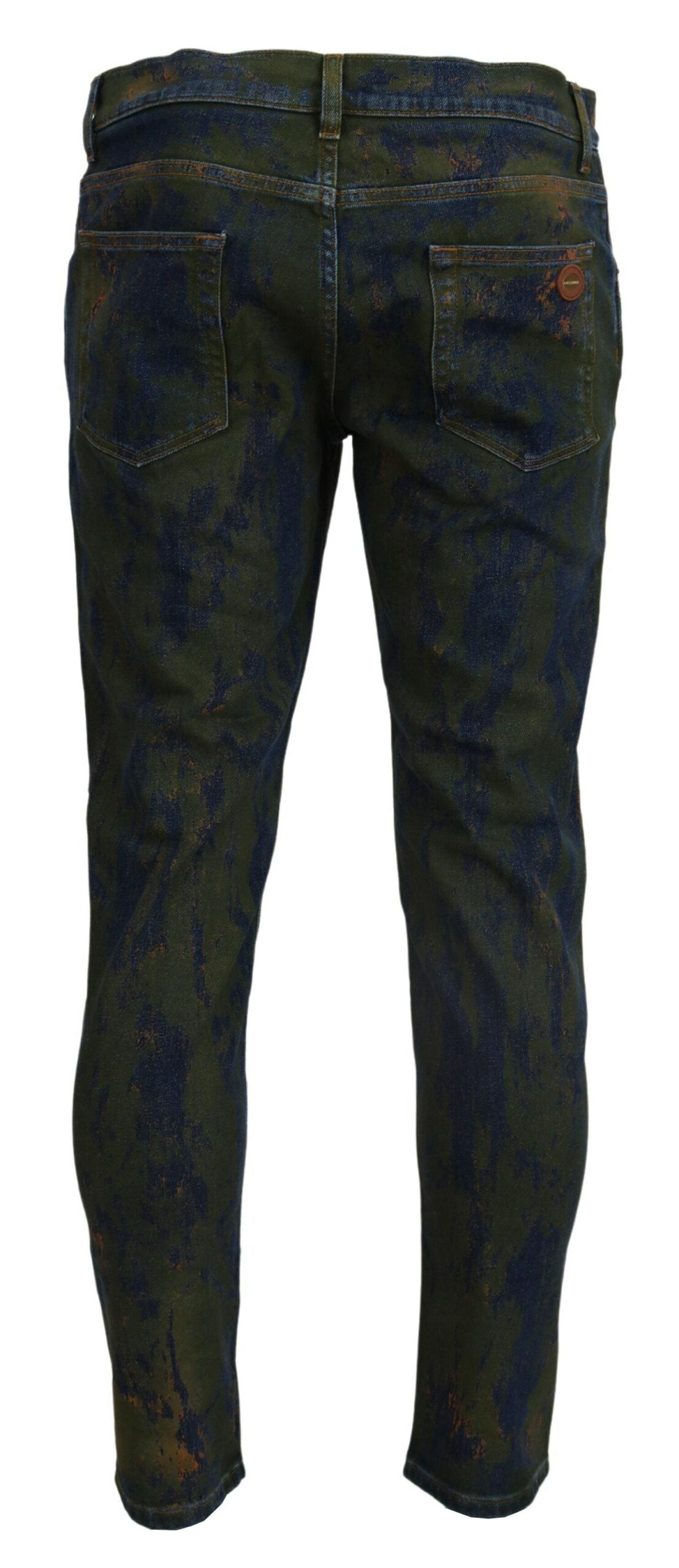 Blue and green skinny cotton denim jeans by Dolce & Gabbana, close-up of fitted style and detailed stitching.