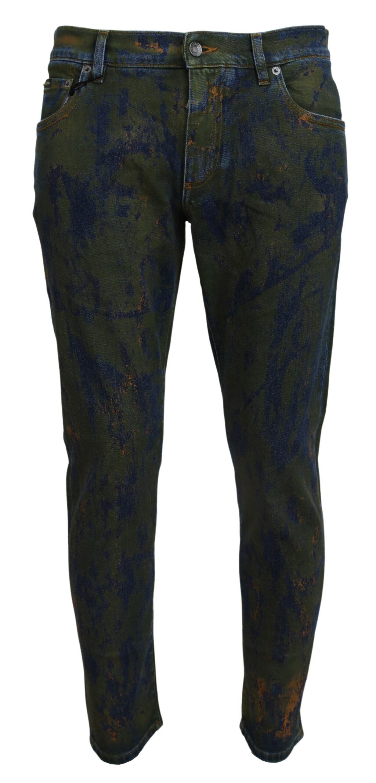Blue and green skinny cotton denim jeans by Dolce & Gabbana, close-up of the fitted style and detailed stitching.