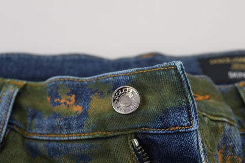 Blue and green skinny cotton denim jeans by Dolce & Gabbana, fitted style with classic five-pocket design.