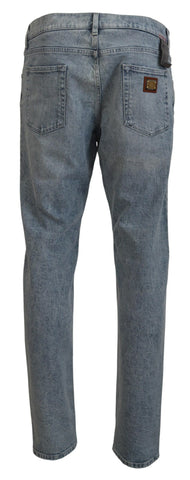 Blue wash slim fit cotton denim jeans by Dolce & Gabbana, displaying front view with classic five-pocket design.