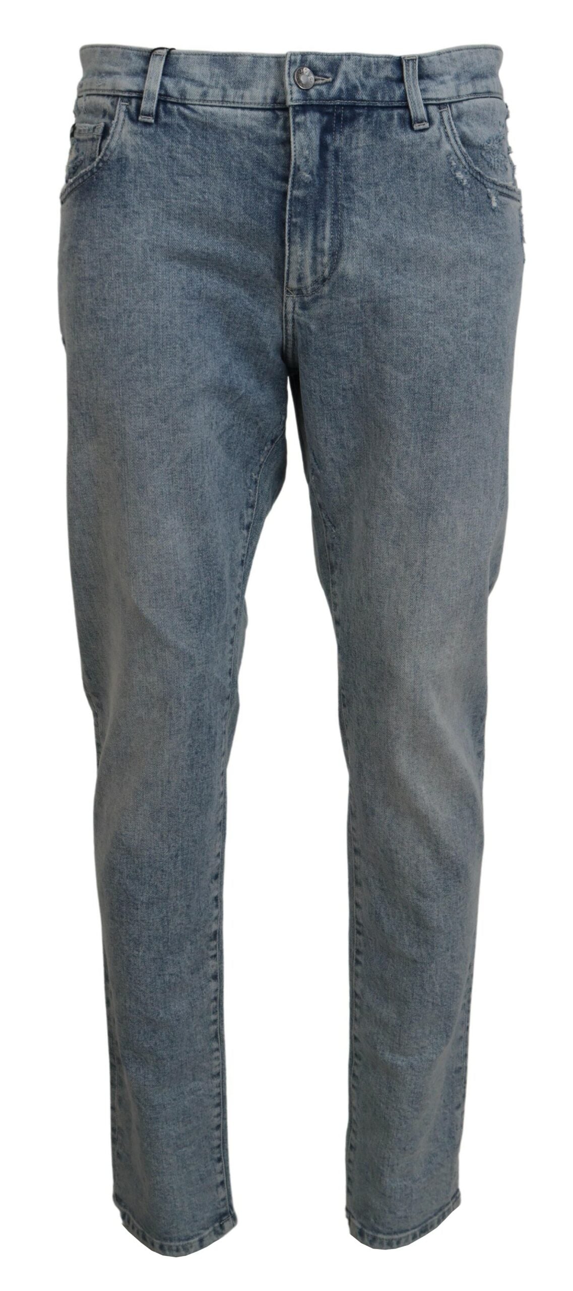 Blue wash slim fit cotton denim jeans by Dolce & Gabbana, showing front view with classic five-pocket design.