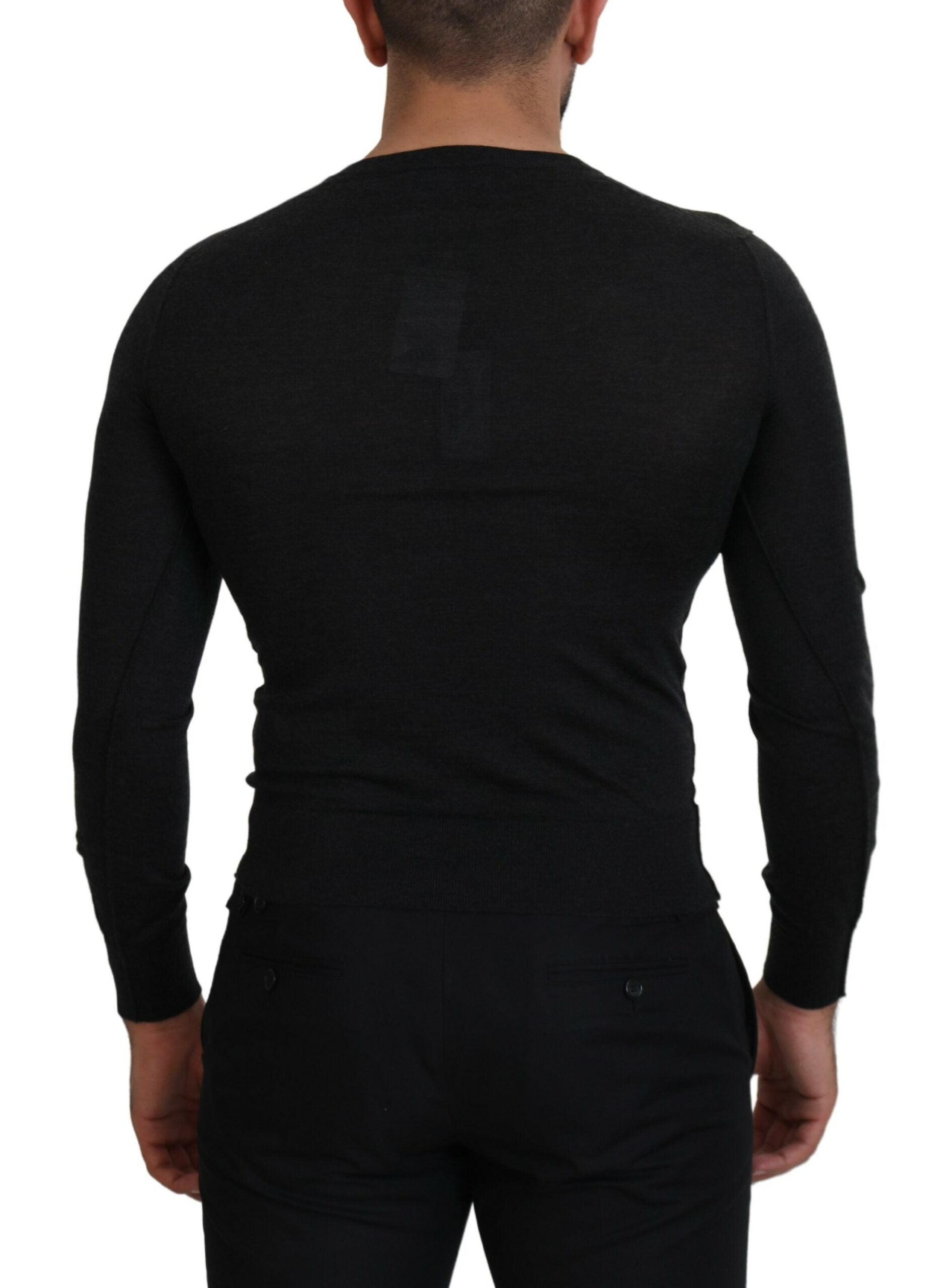 Gray cashmere V-neck sweater with gold heart detail from Dolce & Gabbana, featuring a soft texture and elegant design.
