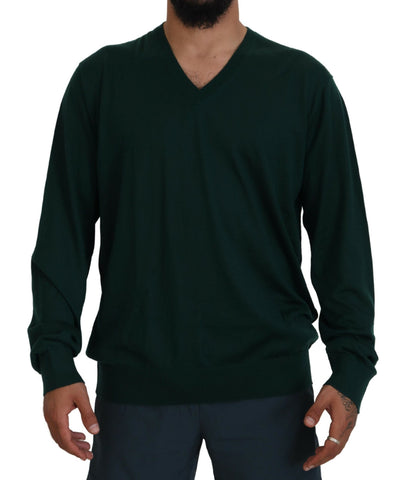 Green cashmere V-neck pullover sweater by Dolce & Gabbana, showing a soft, luxurious knit fabric and classic V-neck design.