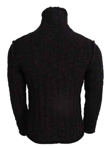 Brown wool knit turtleneck sweater by Dolce & Gabbana, close-up of the cozy, textured knit fabric and turtleneck collar.