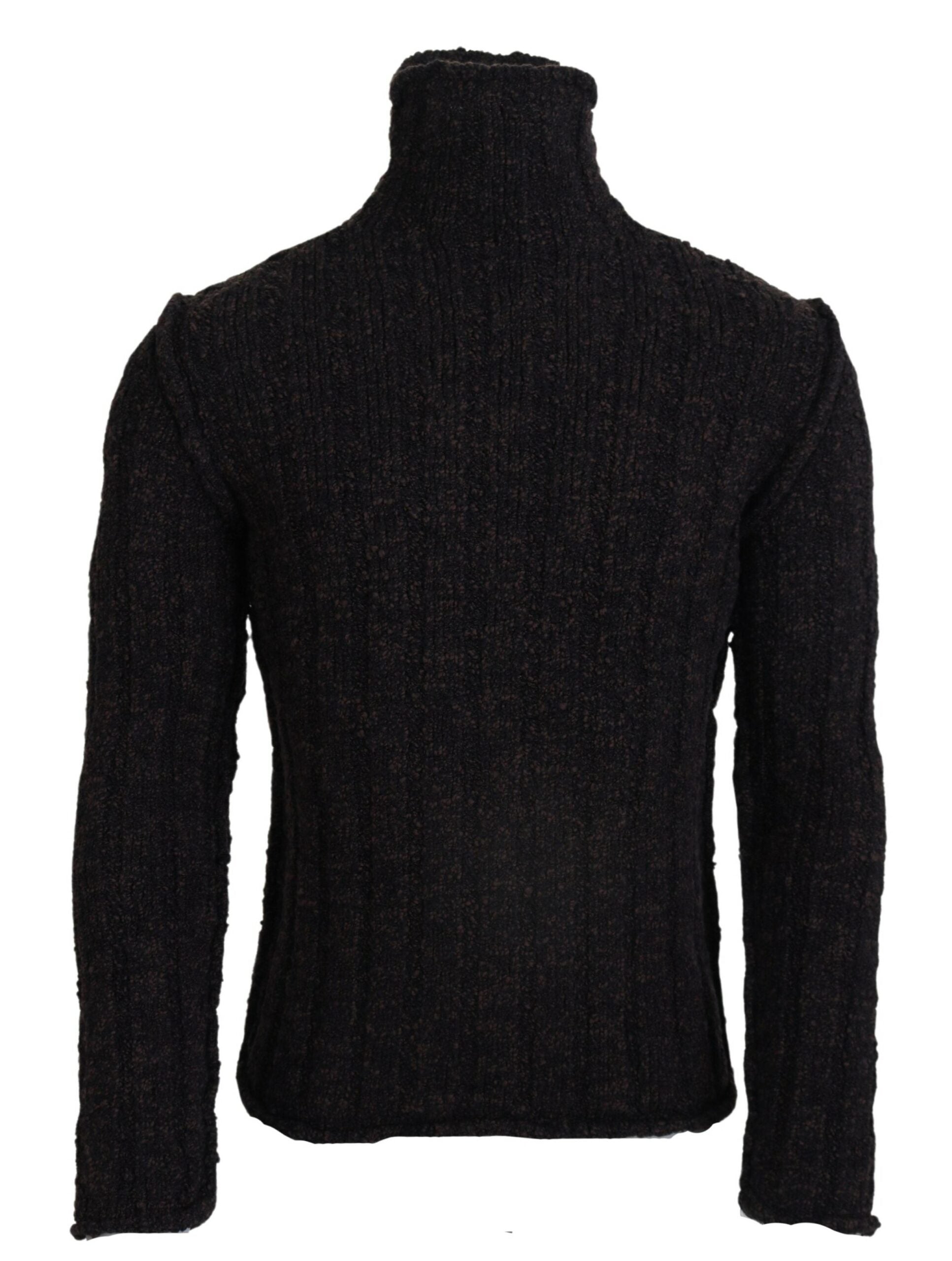 Brown wool knit turtleneck sweater by Dolce & Gabbana, close-up of textured fabric and classic design.