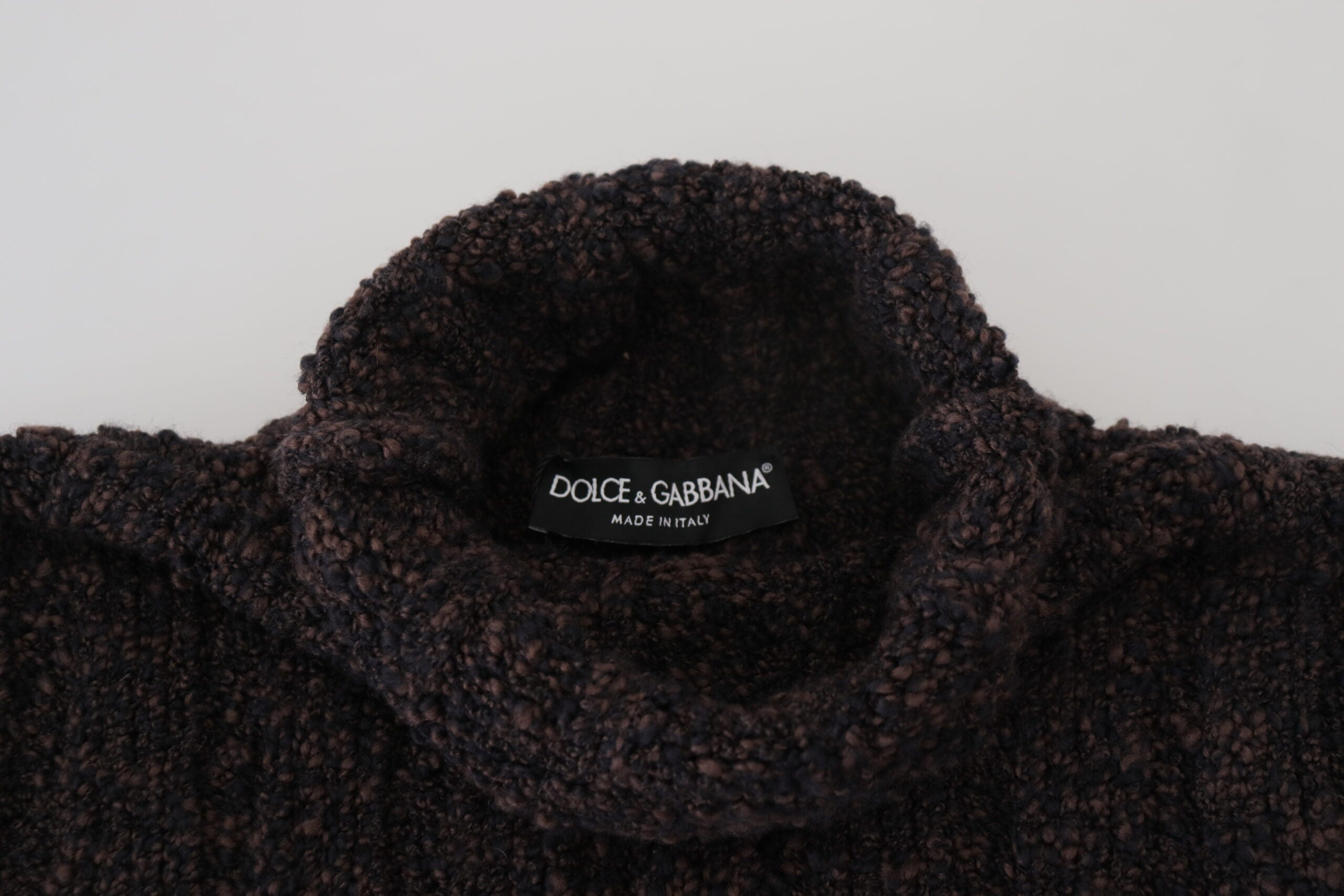 Brown wool knit turtleneck pullover sweater by Dolce & Gabbana, featuring a cozy, textured knit design and classic fit.