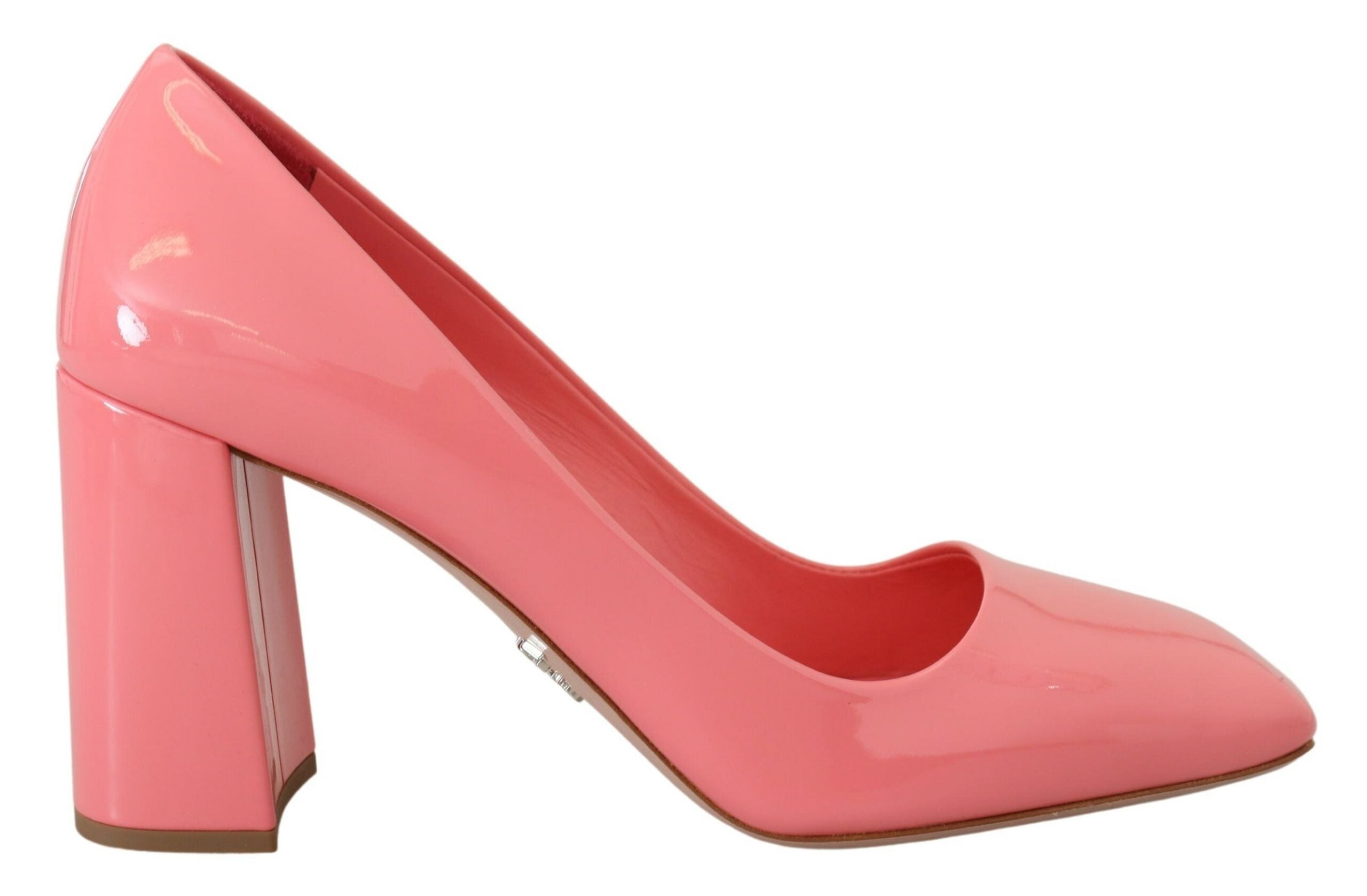 Pink patent leather Prada block heels pumps with a classic design and sturdy block heel for stylish comfort.