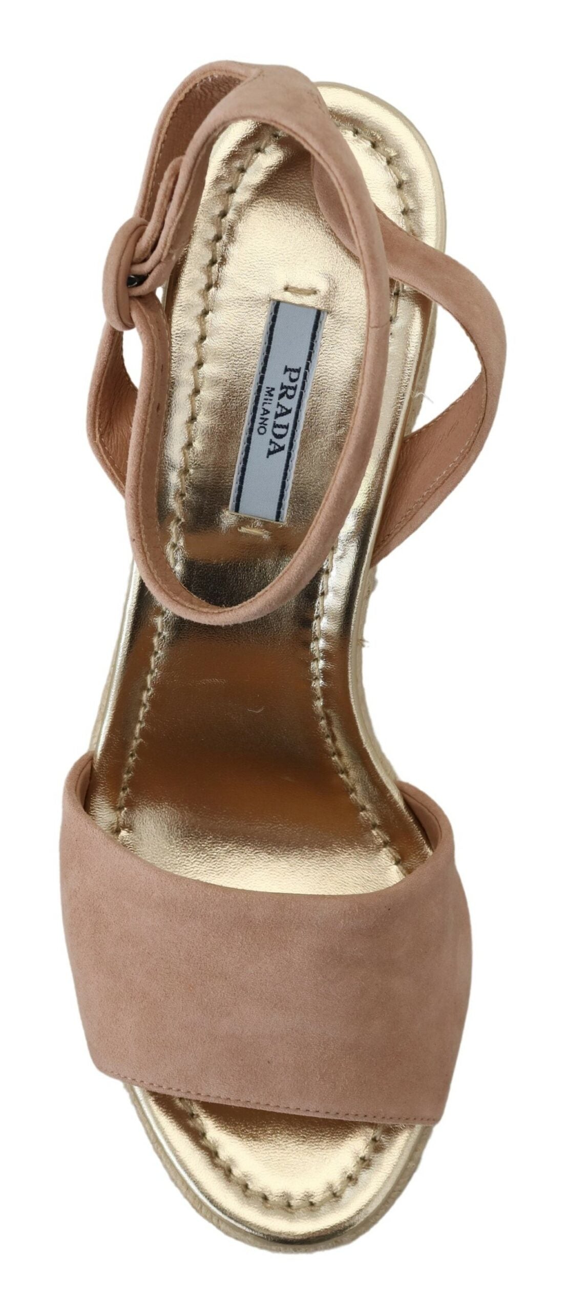 Pink suede leather ankle strap sandals by Prada with a sleek design and stylish ankle buckle.