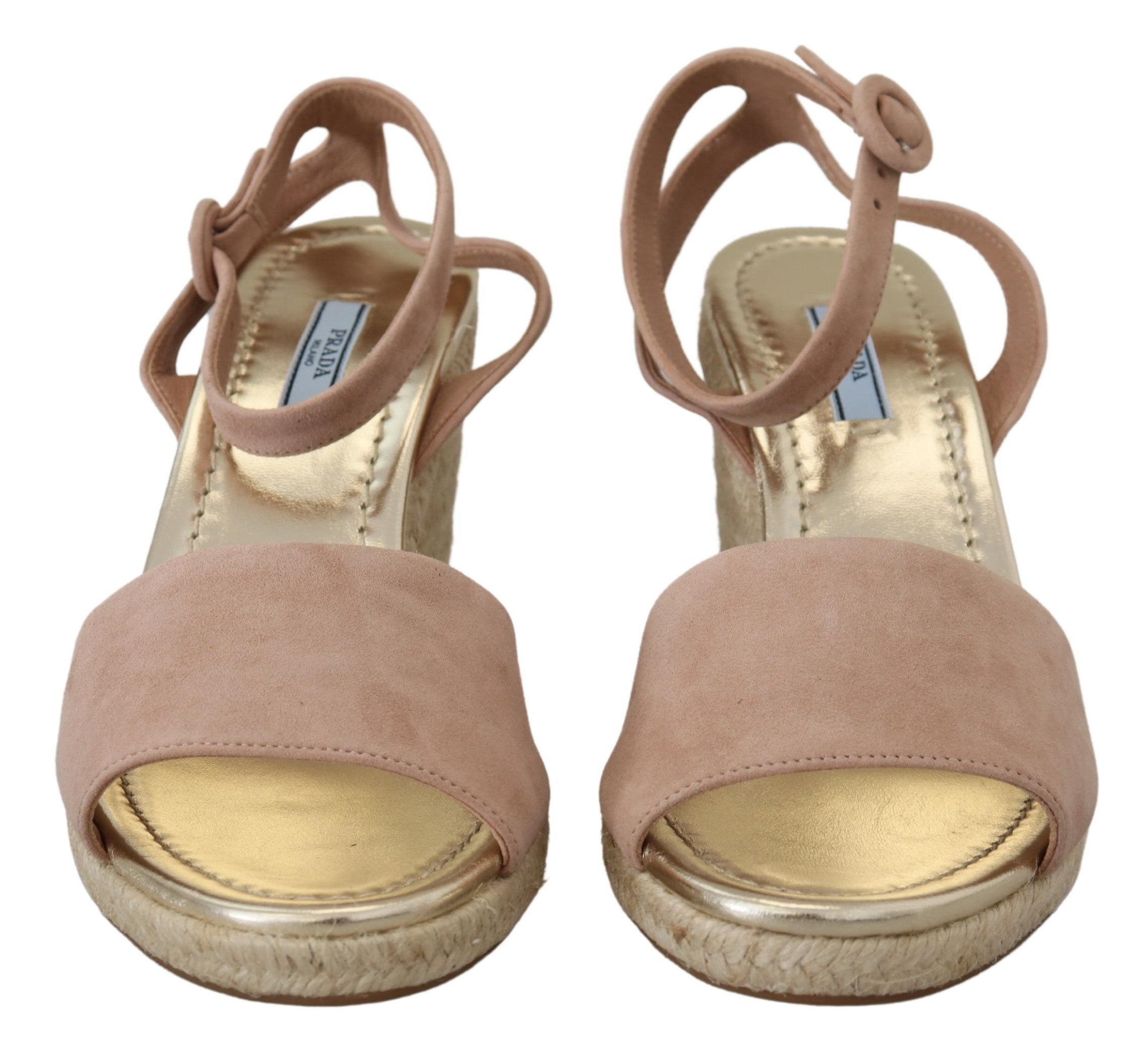 Pink Prada suede leather ankle strap sandals with high heels and elegant design.
