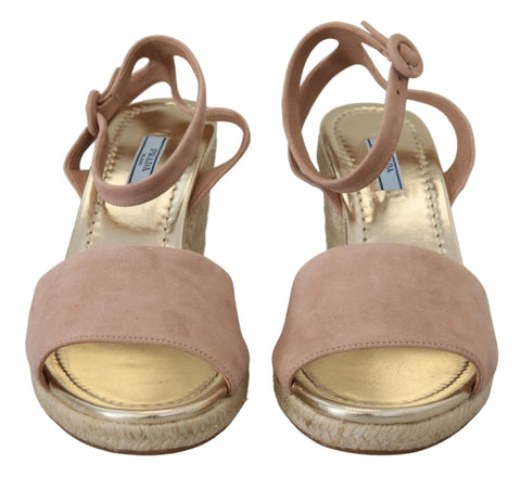 Pink Prada suede leather ankle strap sandals with high heels and elegant design.