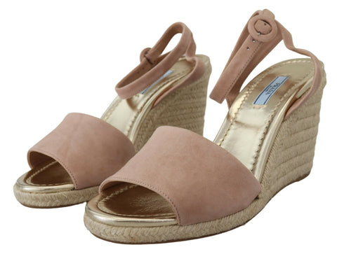 Pink suede leather ankle strap sandals by Prada featuring a stylish design and comfortable fit.