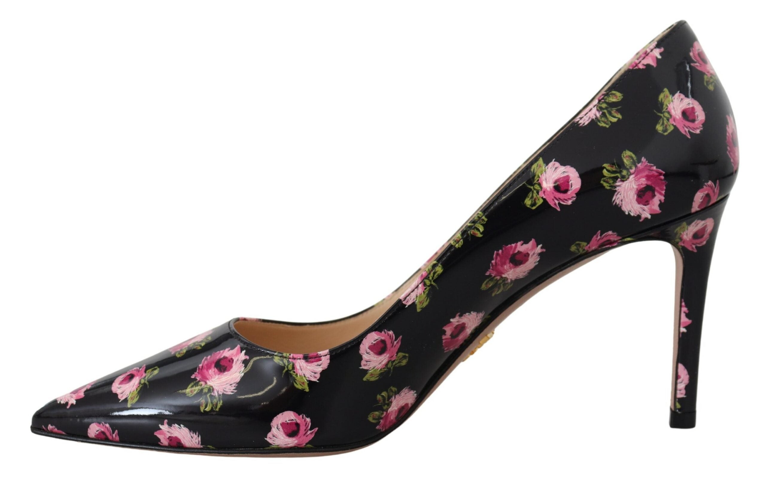Black Prada leather floral heels, stiletto pumps with elegant design and decorative floral accents, suitable for formal occasions.
