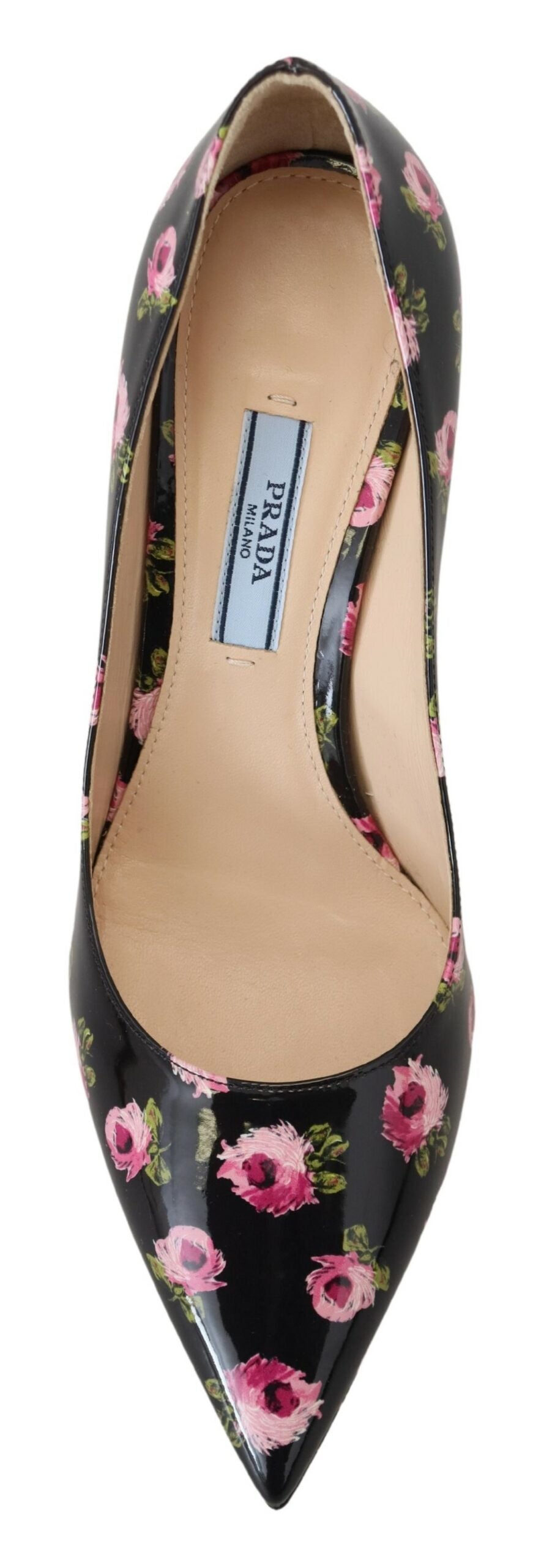 Black leather floral stilettos pumps by Prada featuring elegant design and pointed heels.
