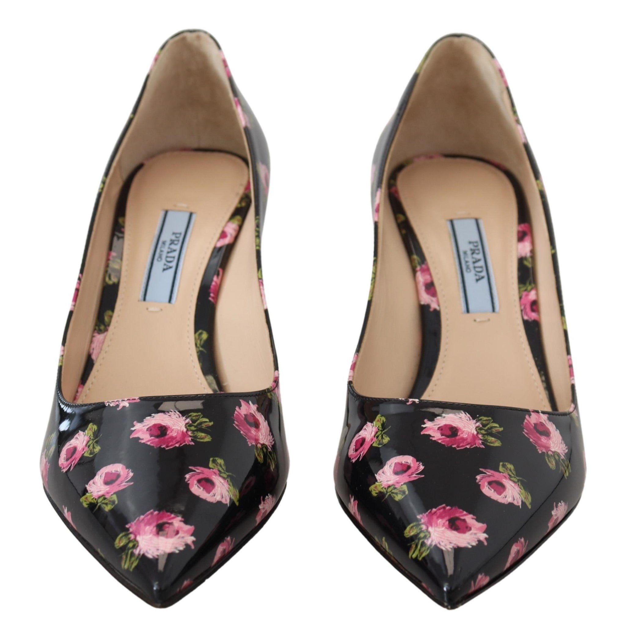 Black Prada leather floral heels and stilettos pumps, featuring elegant floral details on sleek leather footwear.