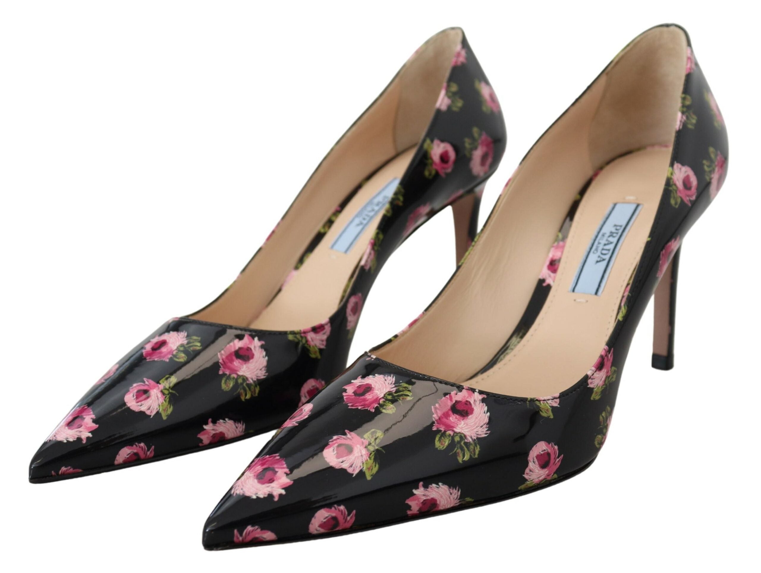 Black leather floral heels by Prada, stylish stiletto pumps with elegant floral details, perfect for formal and evening wear.