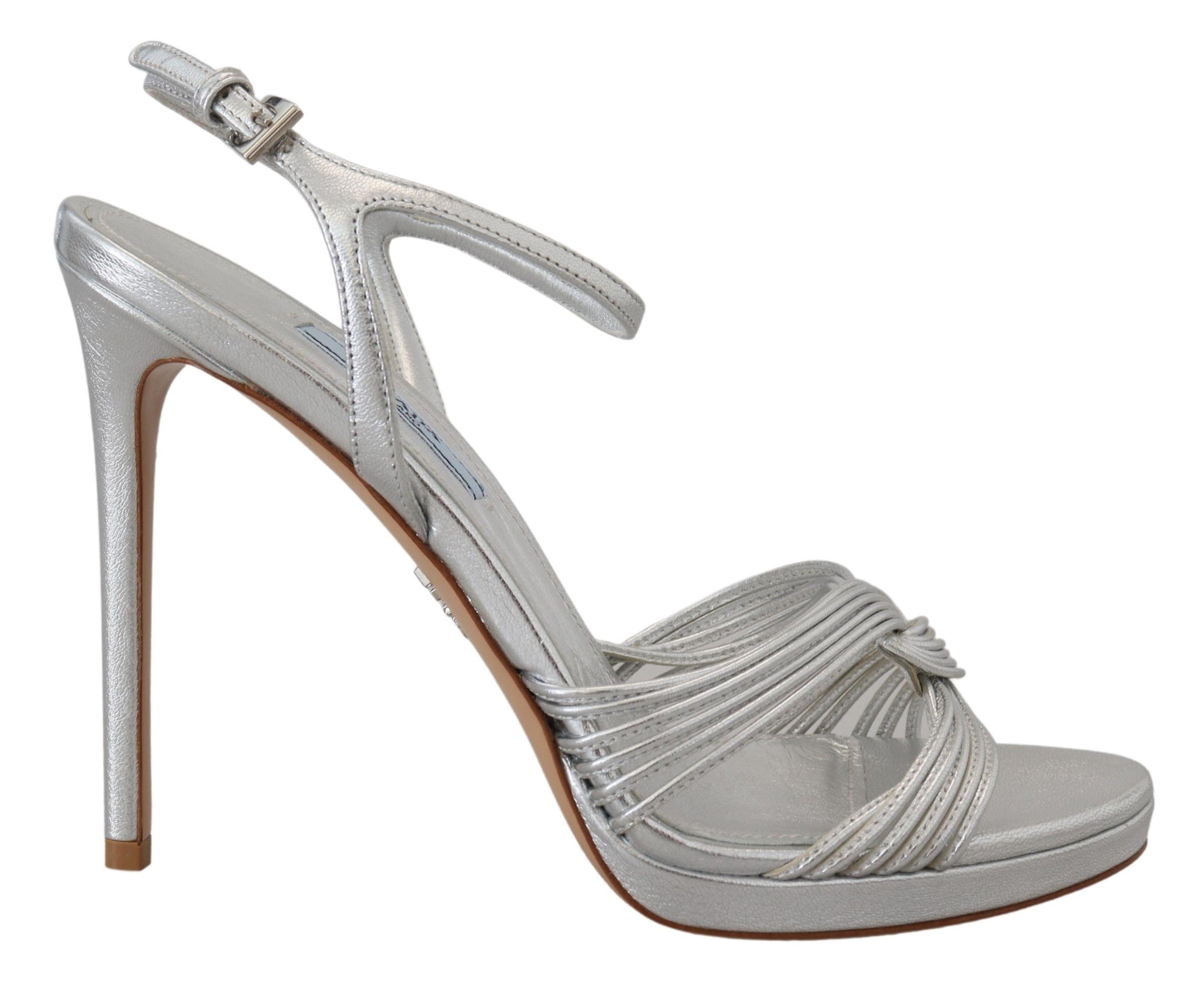 Prada silver leather ankle strap stiletto heels with open toe and sleek design, perfect for stylish occasions.