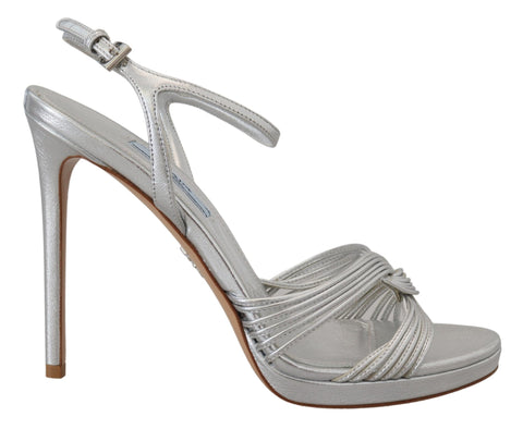 Prada silver leather ankle strap stiletto heels with open toe and sleek design, perfect for stylish occasions.