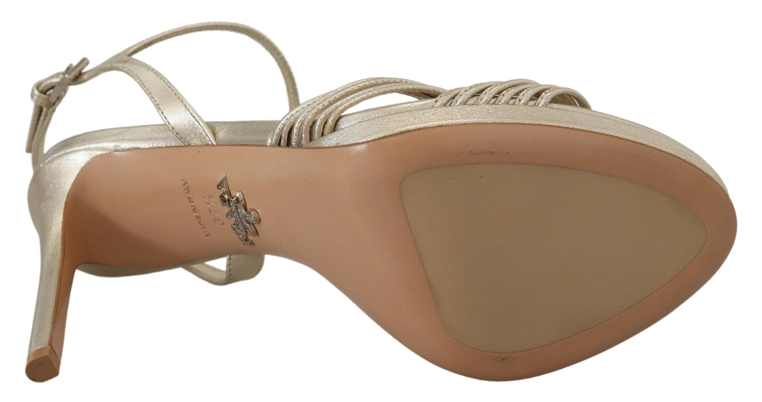 Prada gold leather ankle strap stiletto sandals with high heels and stylish design.