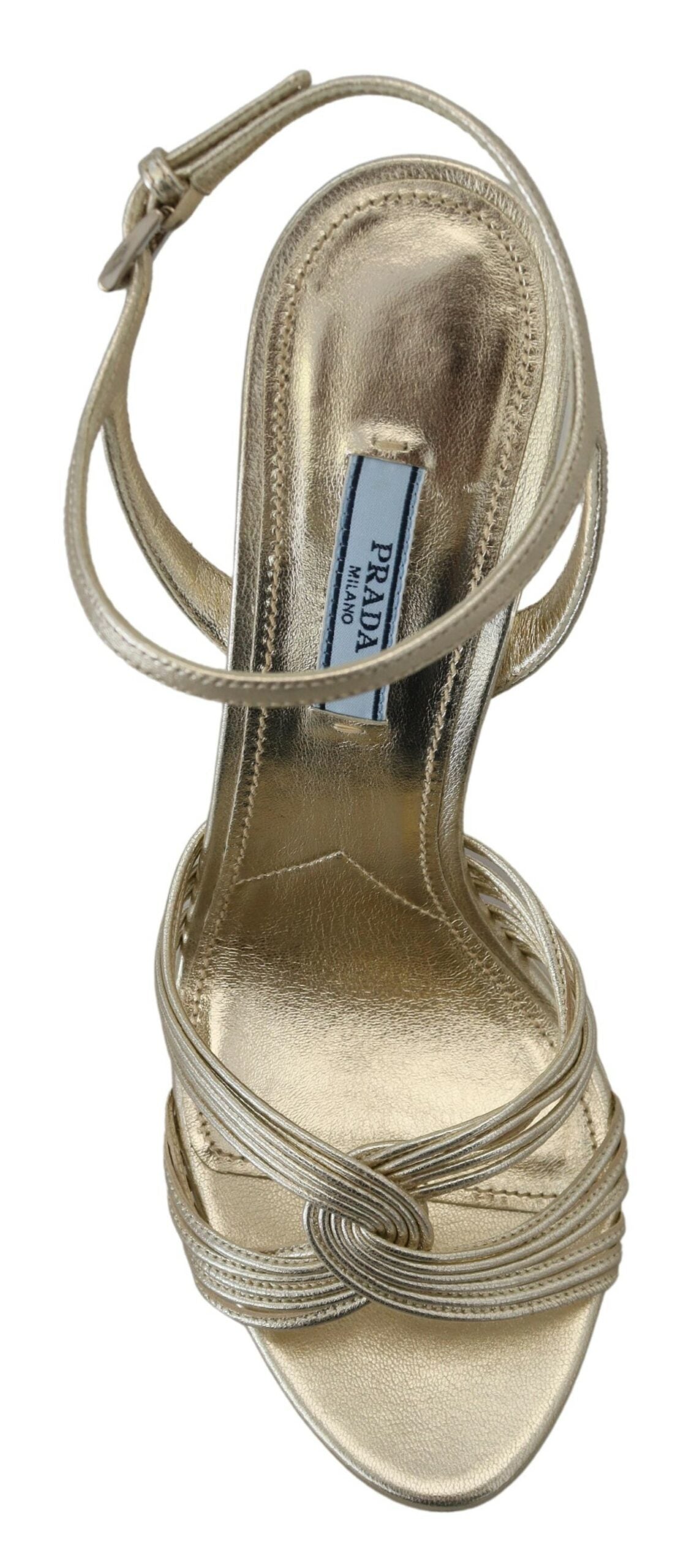 Prada gold leather ankle strap stiletto heels with open toes and sleek design, perfect for elegant summer footwear.