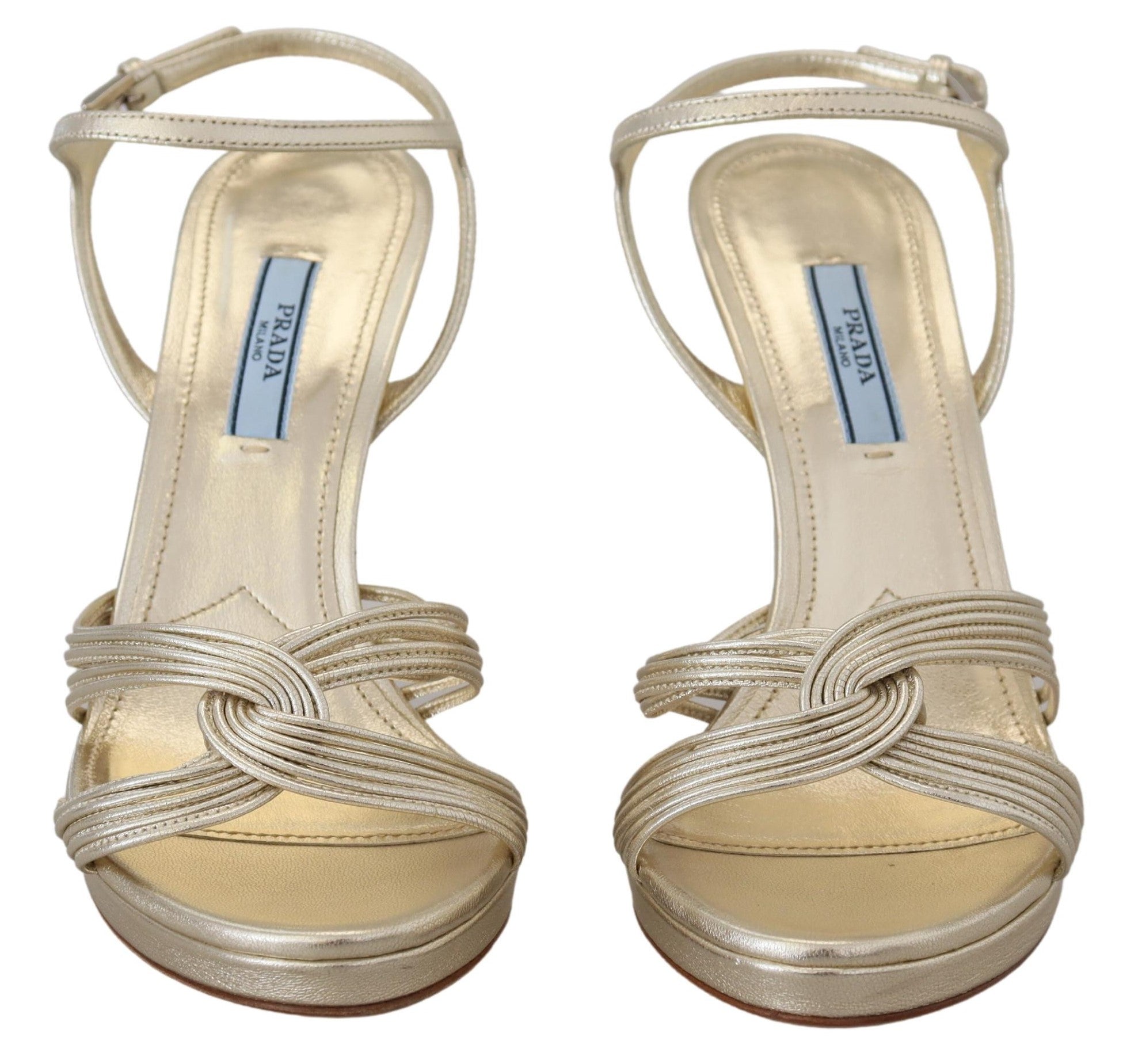 Prada gold leather ankle strap stiletto sandals with heel and open toe, stylish and elegant footwear for women.