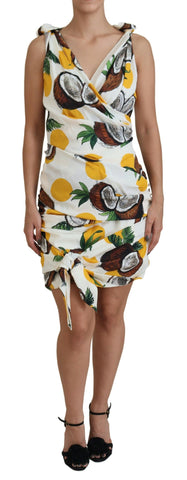 White silk sheath mini dress with coconut print by Dolce & Gabbana, featuring a fitted silhouette and elegant design.