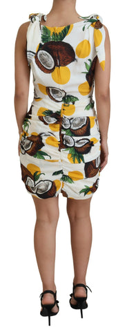 White silk sheath mini dress with coconut print by Dolce & Gabbana, featuring a fitted silhouette and elegant design.