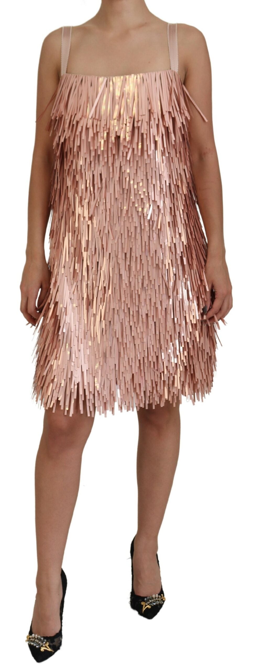 Pink tinsel sleeveless shift dress by Dolce & Gabbana, A-line silhouette with a stylish, shimmering fabric.