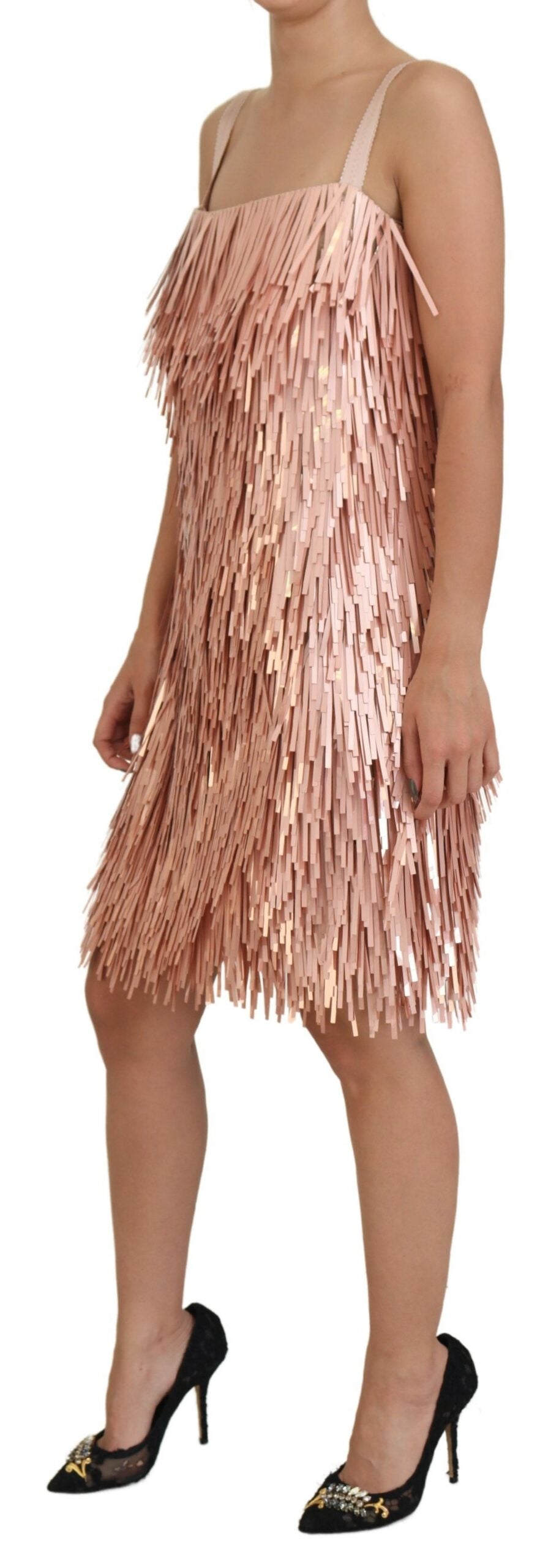 Pink tinsel sleeveless shift dress by Dolce & Gabbana, featuring an A-line silhouette and shimmering fabric.