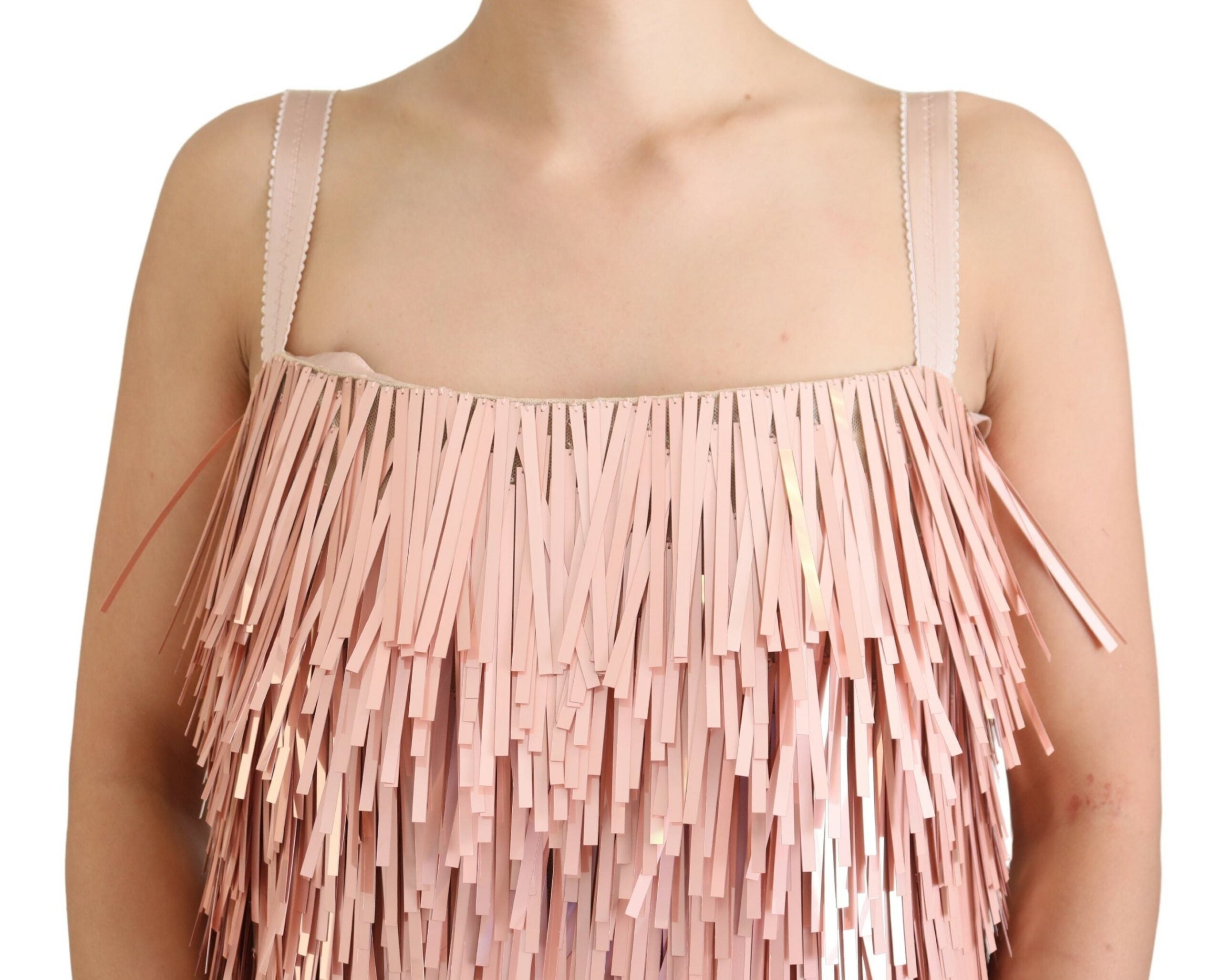 Pink tinsel sleeveless shift dress by Dolce & Gabbana featuring an A-line silhouette and festive shimmer fabric.