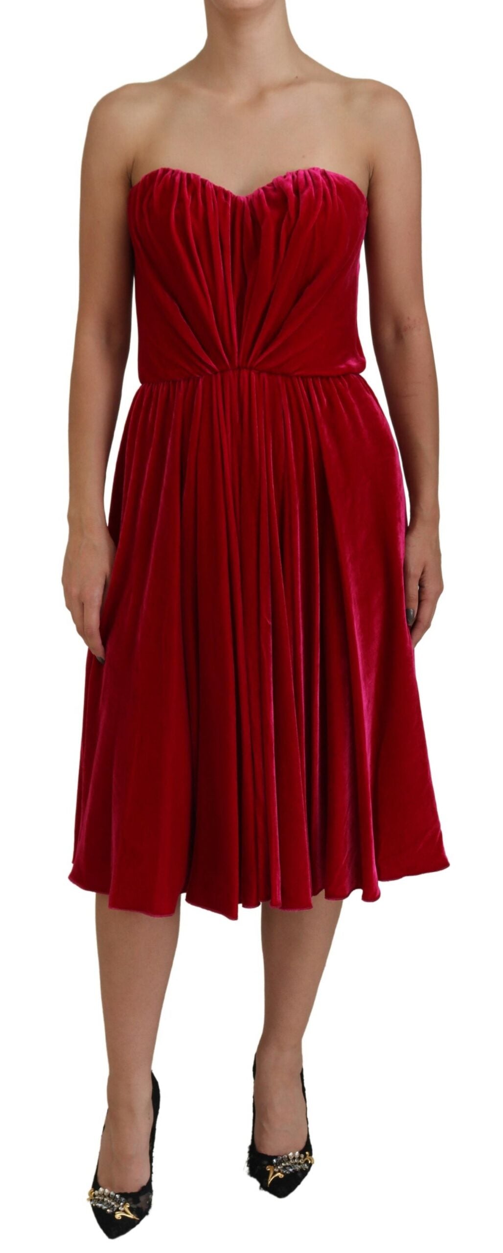 Pink viscose stretch strapless A-line dress by Dolce & Gabbana, featuring a fitted bodice and flowing skirt.