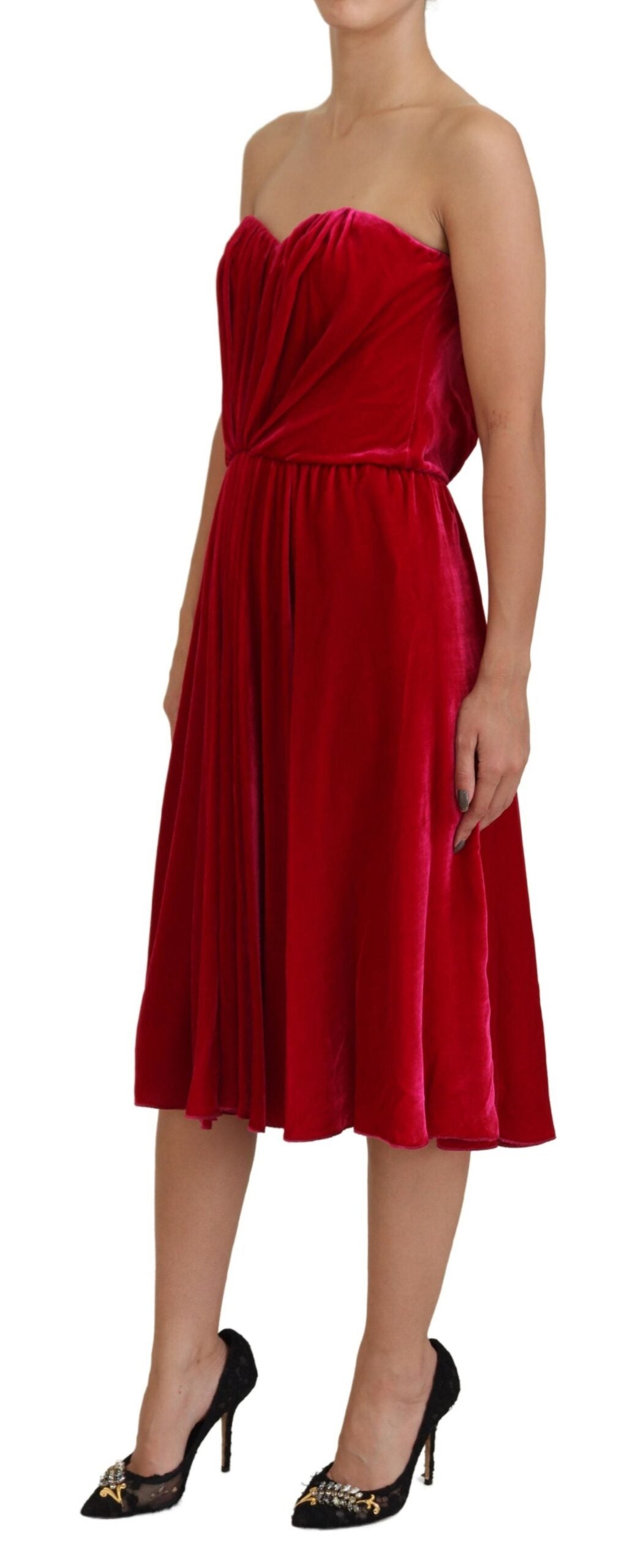 Pink viscose stretch strapless A-line dress by Dolce & Gabbana, shown hanging with smooth fabric and elegant silhouette.
