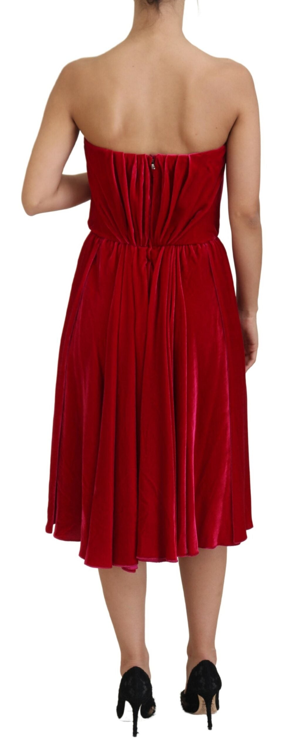 Pink viscose stretch strapless A-line dress by Dolce & Gabbana, featuring a fitted bodice and flowing skirt.
