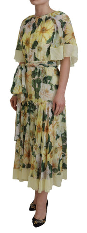 Multicolor silk floral print long maxi dress by Dolce & Gabbana, featuring vibrant patterns and flowing fabric.