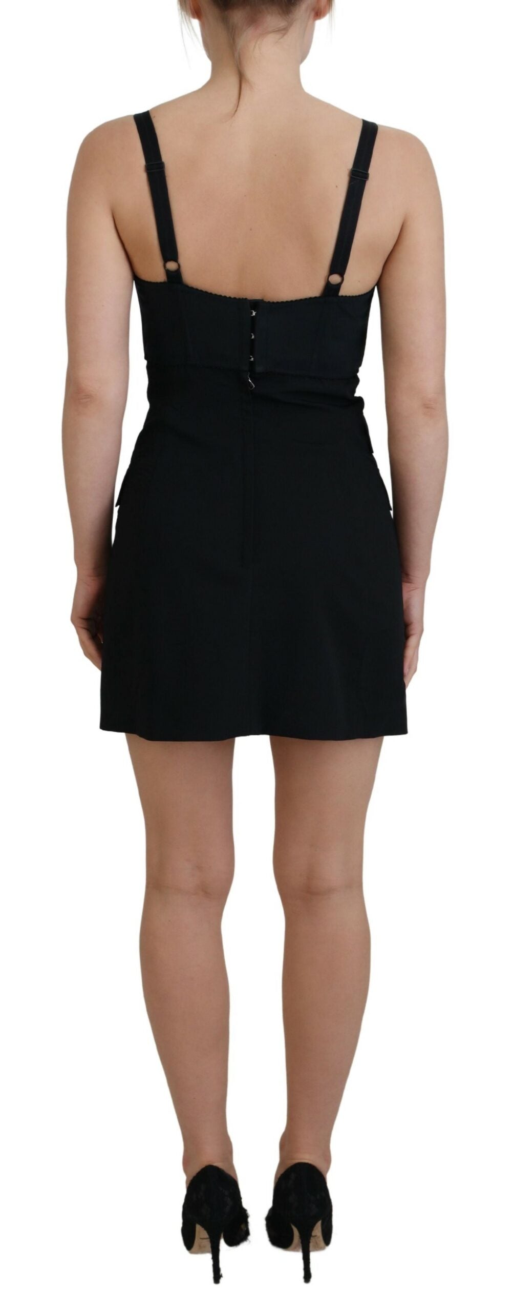 Black fit wool stretch sheath mini dress by Dolce & Gabbana, showcasing a sleek, form-fitting silhouette with long sleeves.