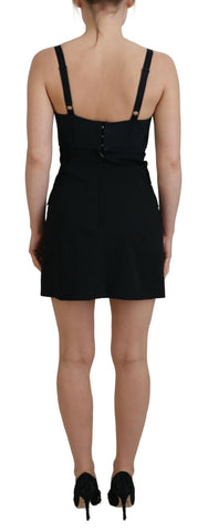 Black fit wool stretch sheath mini dress by Dolce & Gabbana, showcasing a sleek, form-fitting silhouette with long sleeves.
