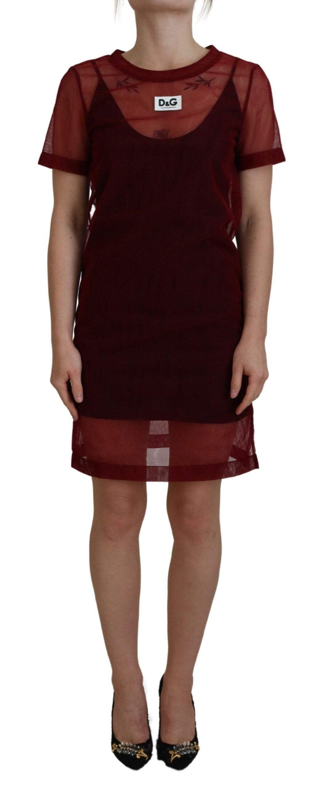 Maroon nylon two-layer shift mini dress by Dolce & Gabbana, featuring a sleek, modern design with layered fabric and minimalist style.