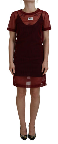 Maroon nylon two-layer shift mini dress by Dolce & Gabbana, featuring a sleek, modern design with layered fabric and minimalist style.