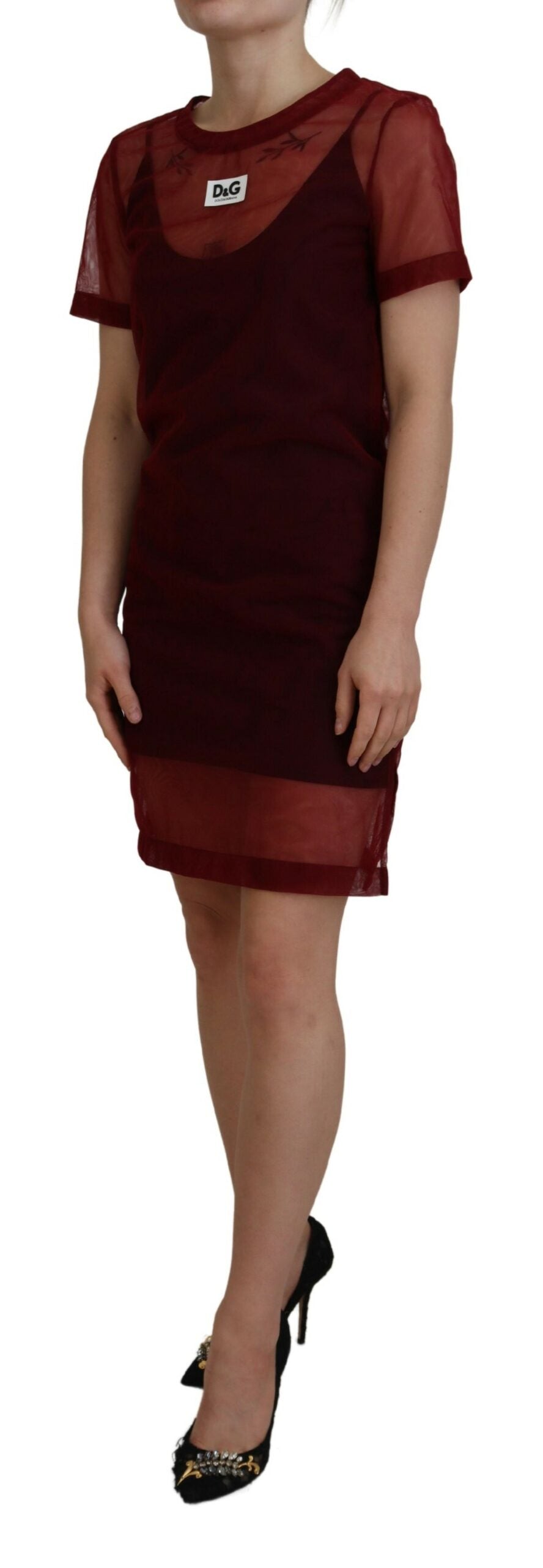 Maroon nylon two-layer shift mini dress by Dolce & Gabbana, featuring a sleek, modern design with layered fabric details.