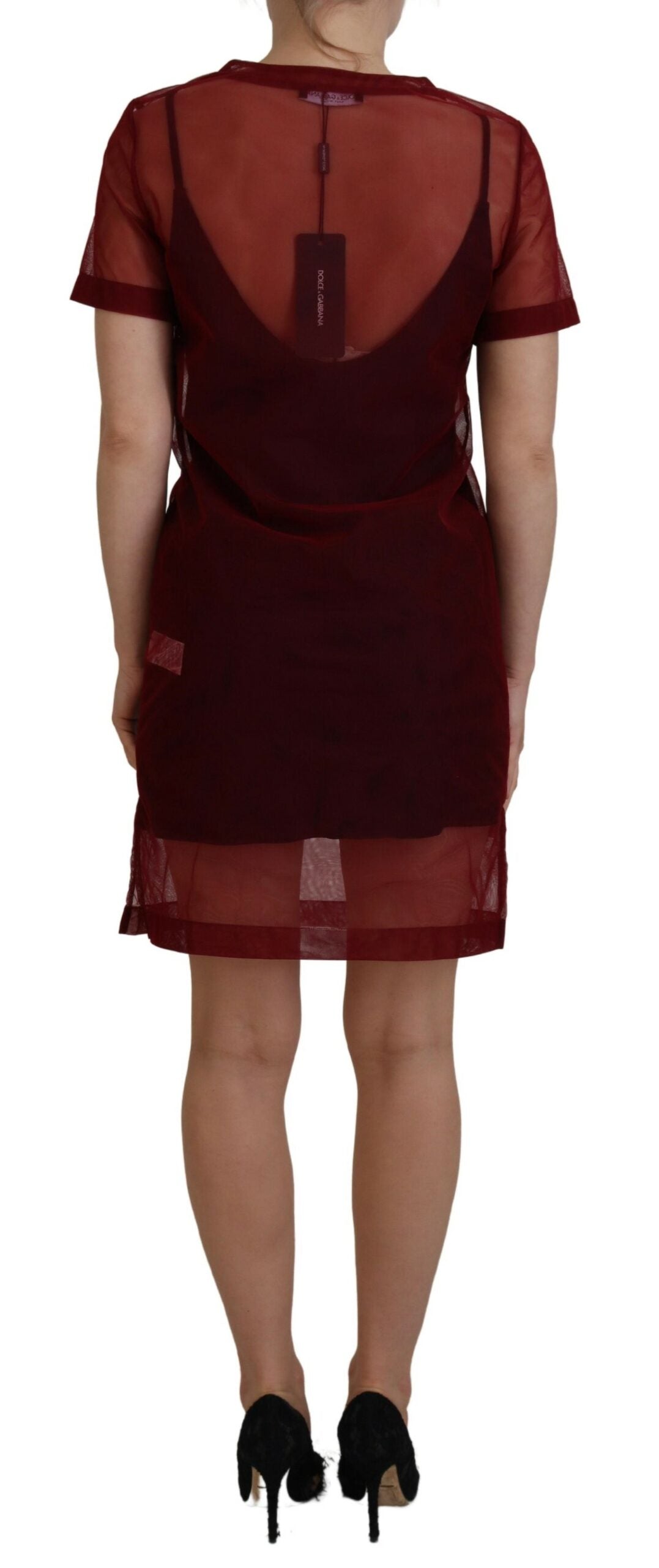 Maroon nylon two-layer shift mini dress by Dolce & Gabbana, featuring a sleek, modern design with layered fabric details.