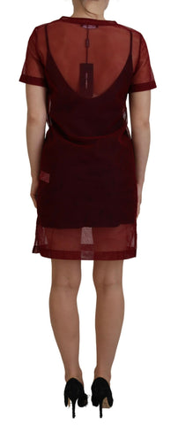 Maroon nylon two-layer shift mini dress by Dolce & Gabbana, featuring a sleek, modern design with layered fabric details.
