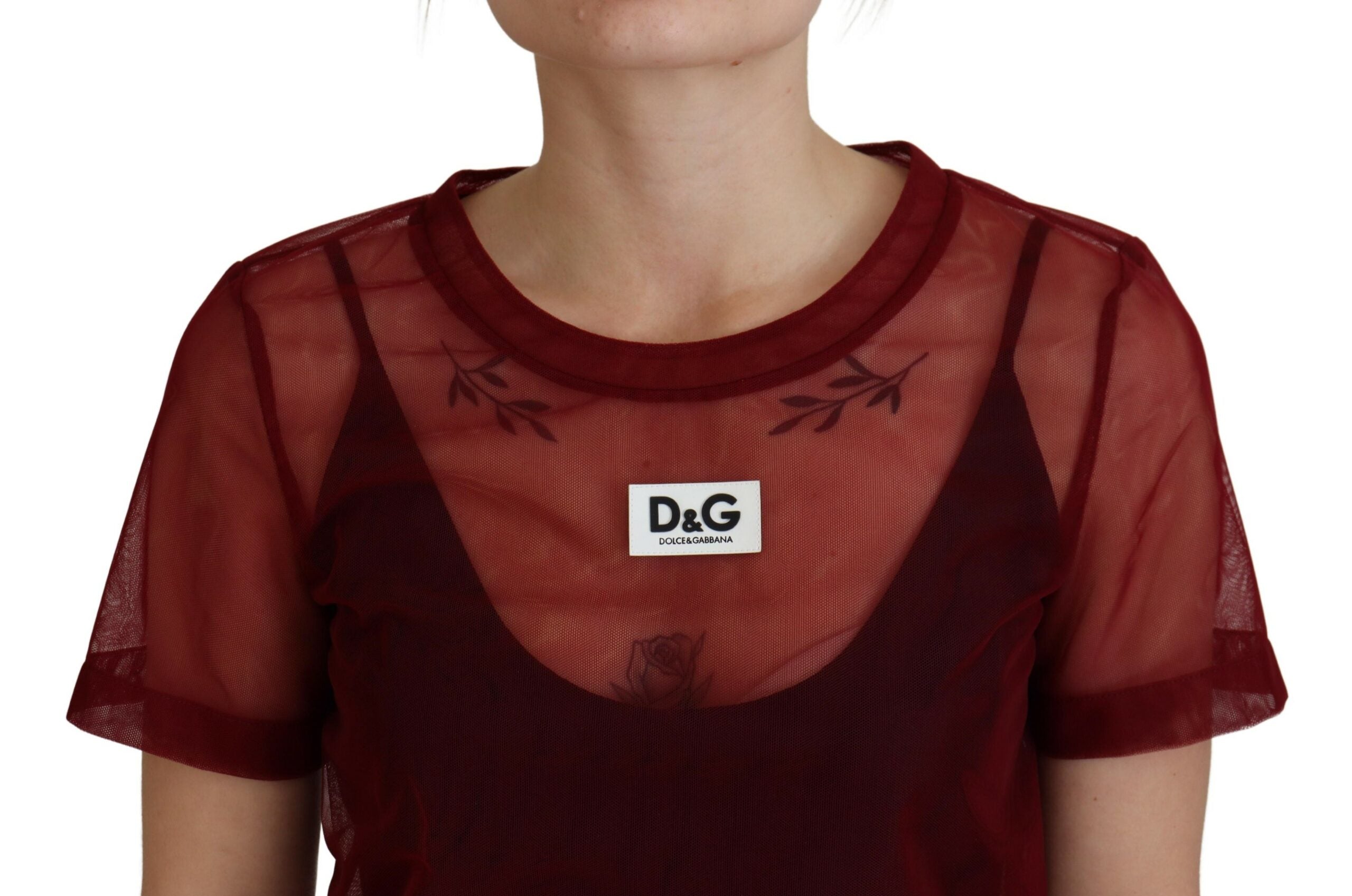 Maroon nylon two-layer shift mini dress by Dolce & Gabbana, featuring a stylish, modern design with layered fabric.