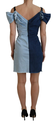 Dolce & Gabbana two-tone blue patchwork denim mini dress with a fitted silhouette and stylish design.