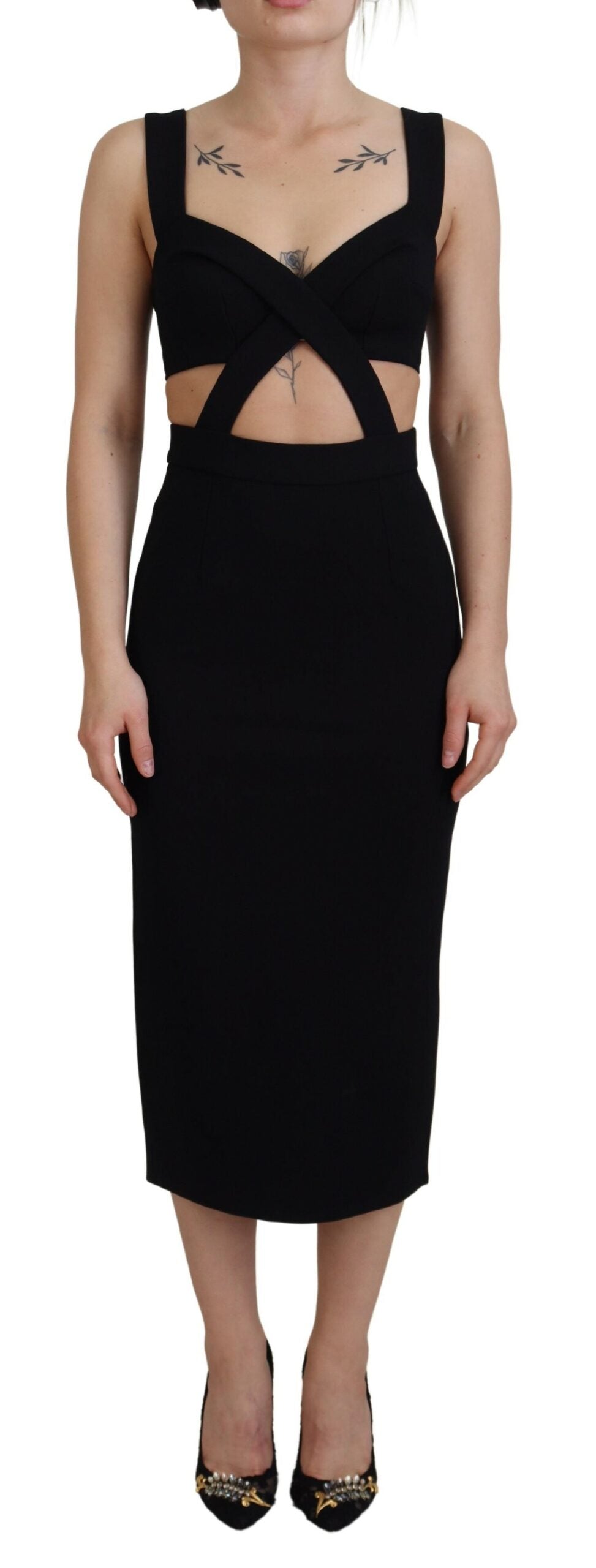 Black viscose bodycon sheath midi dress by Dolce & Gabbana, featuring a sleek fitted silhouette and elegant design.