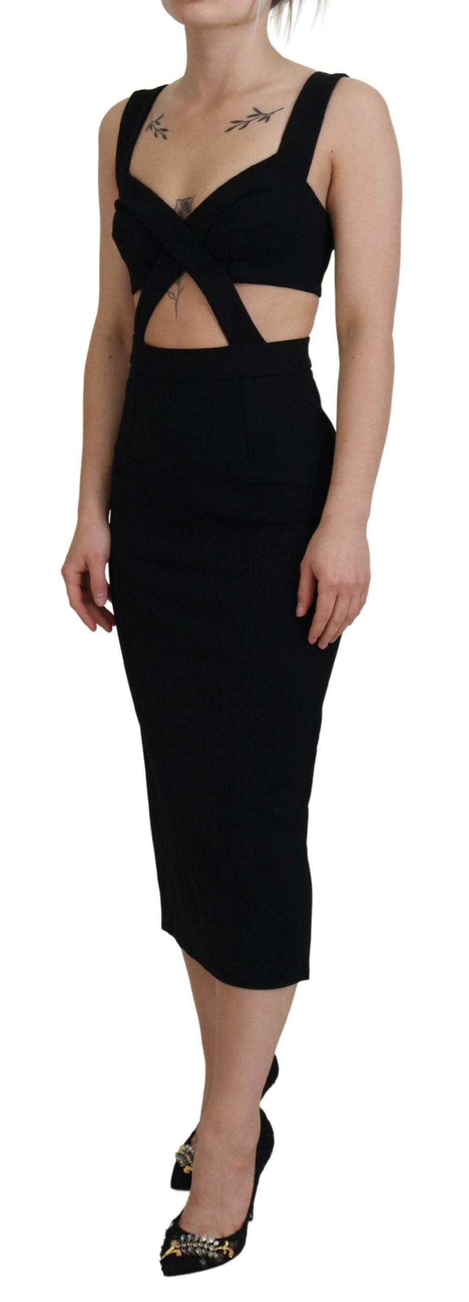 Black viscose bodycon sheath midi dress by Dolce & Gabbana, featuring a fitted silhouette and elegant design.