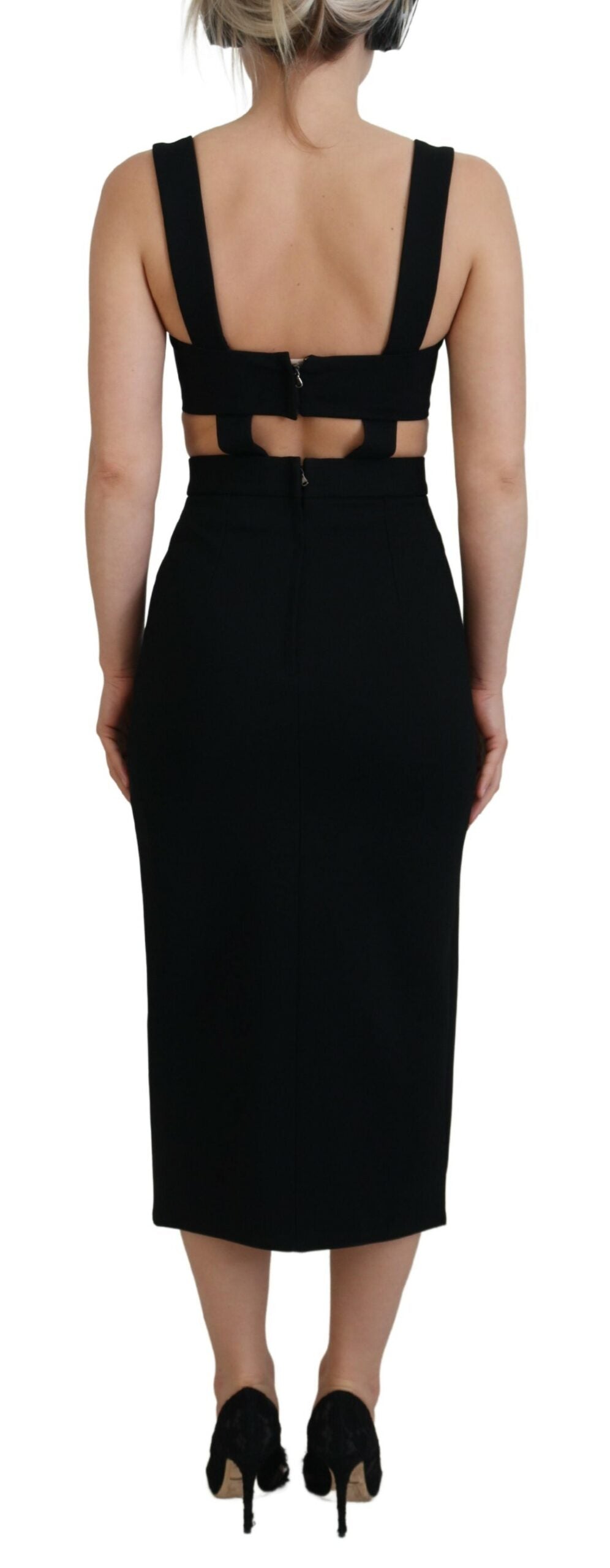 Black viscose bodycon sheath midi dress by Dolce & Gabbana, fitted silhouette with a sleek, elegant design.