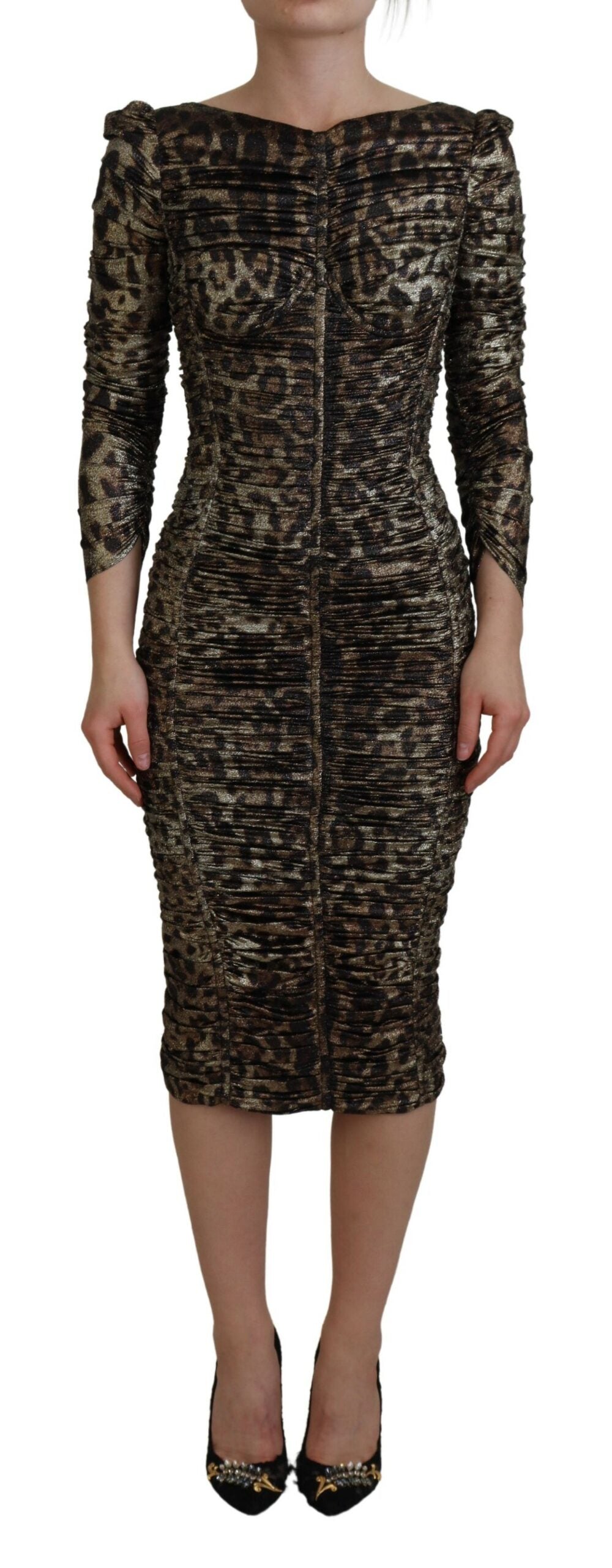 Multicolor leopard print Dolce & Gabbana bodycon sheath midi dress displayed on a hanger.